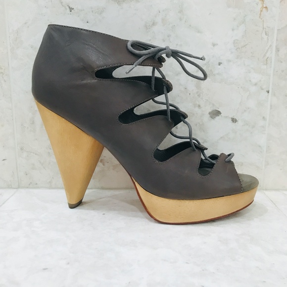 LOEFFLER RANDALL {10} Pumps Lace-Up Gray Leather Wood Heel Platform - Picture 6 of 10